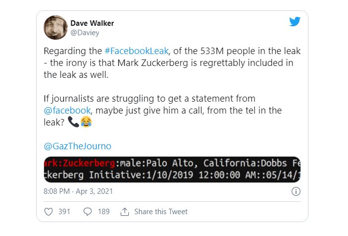 CEO  of Facebook "Marck Zuckerberg"  Was Also Affected From That Facebook Leak
